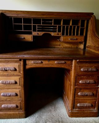 Antique Oak Roll Top Desk With Carved Pulls Geo.  W.  Cobb