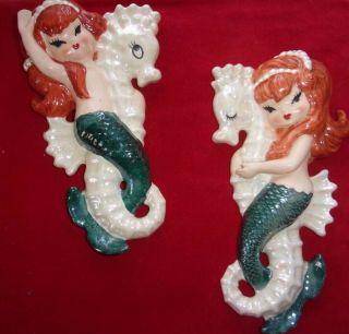 Vintage Lefton Mermaids On Seahorses Wall Plaques Bathroom Decor 3158 Pair Euc