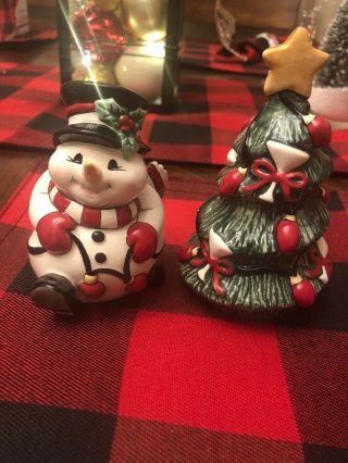 Fitz And Floyd,  Christmas,  Salt & Pepper Shakers,  Cheers Tree And Snowman