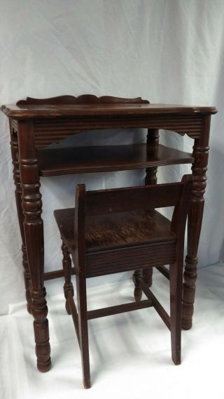 Antique Inlaid Wood Telephone Table & Side Chair