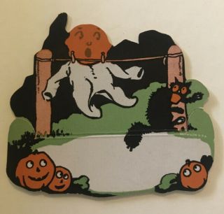 Vintage Halloween Place Card Moon Face Black Cat Rare