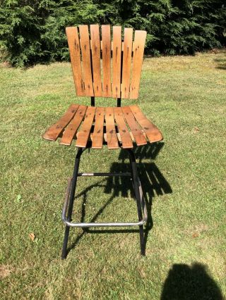 Vintage Mid Century Modern Wood Slat Swivel Stool Arthur Umanoff? Bar Chair