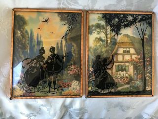 Set Of 2 Vintage Convex Bubble Glass Silhouette Pictures Couple In Garden 5x4