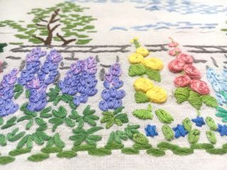Stunning Vintage Hand Embroidered Tablecloth Cottage Gardens With Raised Flowers