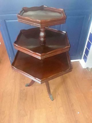 Antique 3 Tier Mahogany Pie Crust Table,  Brass Claw Feet Parlor Table,  Rare,  Vguc