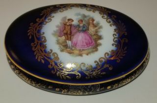 Limoges France Porcelain Trinket Box Victorian Lady Cobalt Blue
