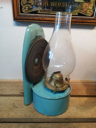 VINTAGE BLUE WALL HANGING OIL LAMP 3