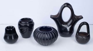 Vintage Black On Black Pottery Vases All Signed By The Artist (set Of 5)