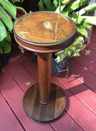 Vintage Wood Pedestal Plant Stand Glass Top Walnut? 24.  25 "