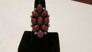 Vintage Native American Hand Crafted Ring With 9 Coral Stones Size 6 1/2