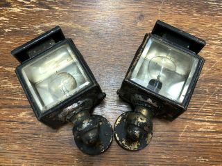 Early Pair Vintage Brass & Steel Cowl Lamp Side Lights Old Auto Automobile Car