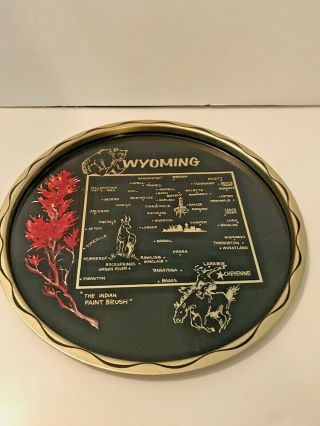 Vintage Metal Souvenir 11 " Tray State Of Wyoming Map Indian Paint Brush 1970s