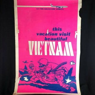 Authentic Vintage 1960s Pink " Visit Vietnam " Politcal Anti - War Poster