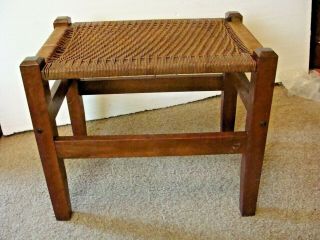Antique Mission Arts Crafts Footstool Stool Ottoman Cherry Wood W Woven Top