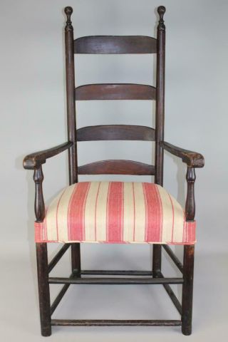 A Fine 18th C Ct Ladder Back Armchair Carved Arms Red & Black Paint