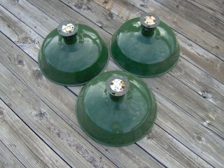 3 Vintage Green 16 " Industrial Porcelain Light Shade Fixture 1930s 1940s