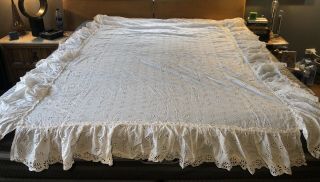 Vtg Antique Eyelet Ruffled Duvet Bed Cover For Full Sized Bed Rare