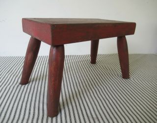 Vintage Foot Stool,  Four Leg Primitive Pine Wood 8 " Tall X 12 " Long,  Red Paint