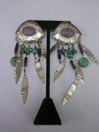 Knockout Vintage 4.  5 " Tabra Sterling Silver Amethyst Turquoise Tribal Earrings