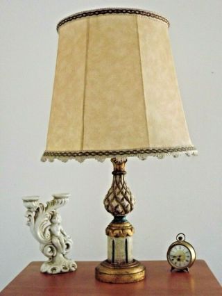 French Vintage Table Lamp With Wooden Pineapple Design Base & Hide Shade 2255
