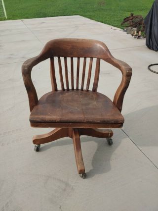 Vintage Wood Swivel Banker Chair Antique Office Industrial Wooden Arm Desk Chair