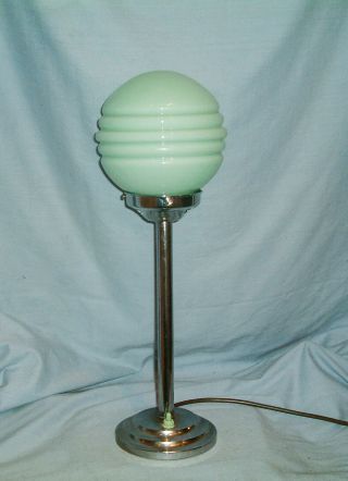 Art Deco - Chrome Lamp With Stepped Base & Pale Green Shade - Rewired