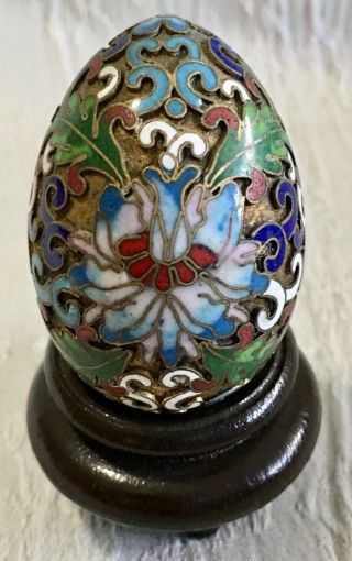 Antique Chinese Cloisonne Egg On Wooden Stand