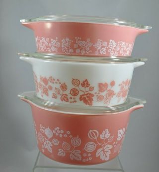 Vintage Pyrex Pink Gooseberry Mixing Casserole Set With Lids 471 - 472 - 473 Ec