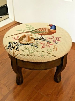 Antique Small Round Victorian Foot Stool Birds Multi Floral Needlepoint -