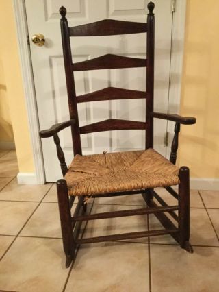 Antique Ladder Back Rocking Chair 1700s/early 1800s Rush Seat Primitive 2
