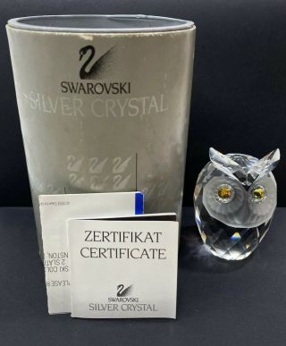 Swarovski Silver Crystal 2 " Owl Figurine 7636 Nr 060 Green Yellow Eyes Retired