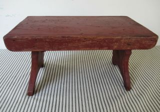 Vintage Foot Stool Stand Primitive Pine Wood 9 " Tall X 15 " Long,  Red Paint