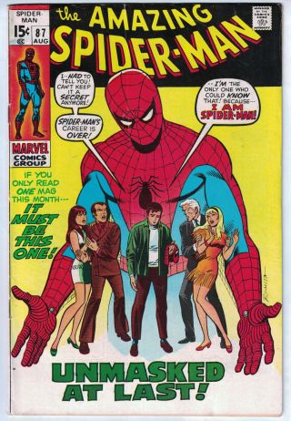 The Spider - Man 87 (vol 1,  Aug 1970,  Marvel) " Unmasked At Last [vf,  ]