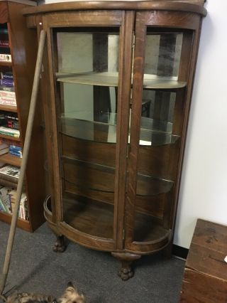 Curved Glass Oak China Cabinet,  Oak Display Case,  Mirrored Back Missing Glass