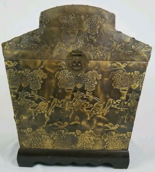 Vintage Asian Style Wood Trunk Chest Embossed Hammered Metal Hinged Lid 20 1/2 "