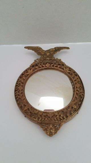 Vtg 1940s Gilt Filigree Miniature Round Convex Glass Mirror With Eagle 4 " Dia