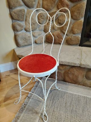 Vintage Antique Metal Wrought Iron Patio Ice Cream Parlor Chair Red Velvet Seat