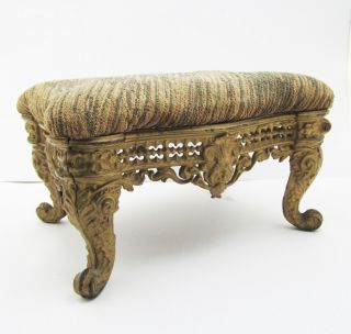 Antique Victorian / Rococo Ornate Cast Iron Foot Stool Gold With Upholstered Top