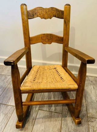 Vintage Childs Rocking Chair Hard Wood Frame With Rush Woven Seat Carved Frame