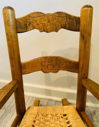 Vintage Childs Rocking Chair Hard Wood Frame with Rush Woven Seat Carved Frame 2