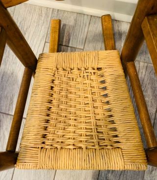 Vintage Childs Rocking Chair Hard Wood Frame with Rush Woven Seat Carved Frame 3