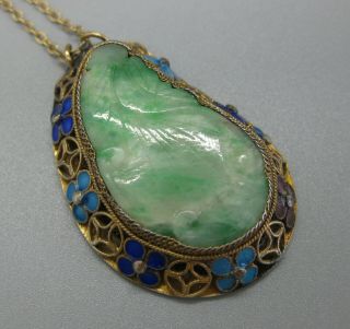 Fine Vtg Chinese Carved Jade Sterling Silver Enamel Necklace Pendant