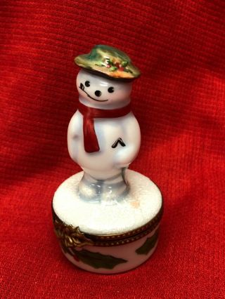Limoges France Box Christmas Snowman & Scarf & Broom & Pipe Holly Peint Main