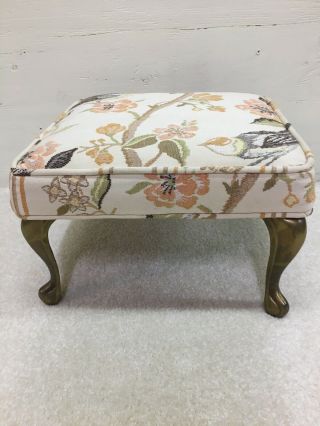 Vintage Upholstered Foot Stool With Brass Legs