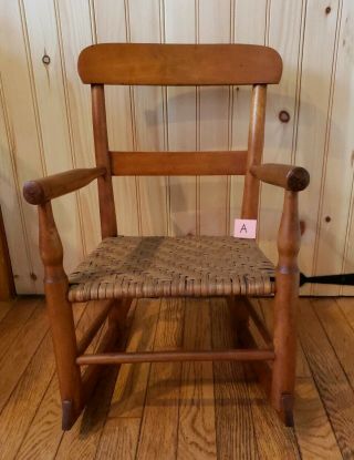 Antique Wood Folk Country Shaker Childs Rocking Chair Rocker Woven Seat A