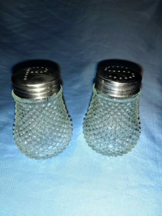 Vintage English Hobnail Diamond Glass Set Of 2 Salt And Pepper Shakers Chrome.