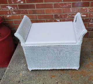 Vintage White Wicker Rattan Bench With Storage Wood Lift Top Seat 23.  5x19