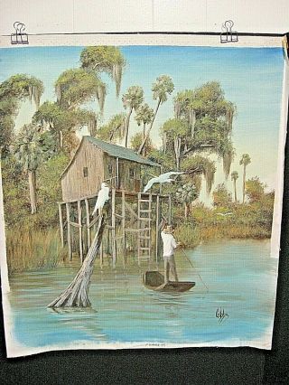 Vintage Asian Swamp Ocean White Crane Bird Cabin Oil Painting Signed