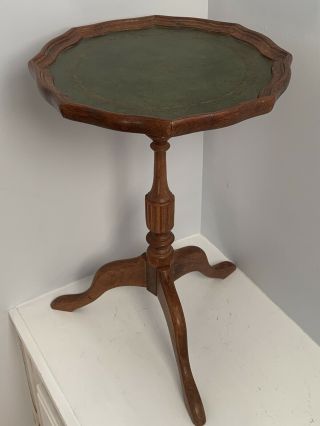 Vintage Wood Pie Crust Green Leather Top Occasional Tea Wine Table