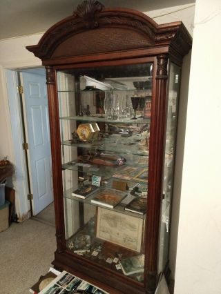 Antique China Closet Cabinet With Ornate Columns And Rope Trim